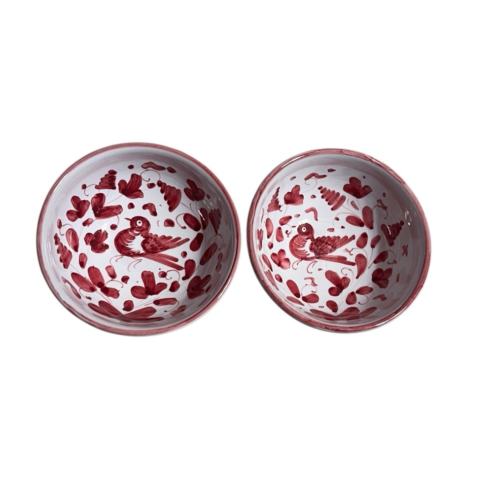 Decorative Italian Hand Painted Red Bird Bowls Pair